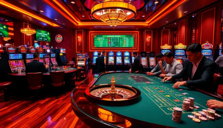 Players enjoying the thrill of SOIBET casino gaming at an elegant table with vibrant lights.