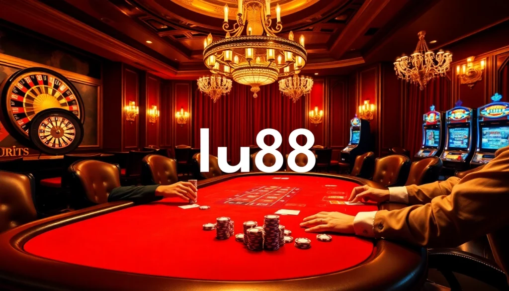 Experience the thrill of high-stakes poker at lu88 casino, showcasing vibrant cards and luxury décor.