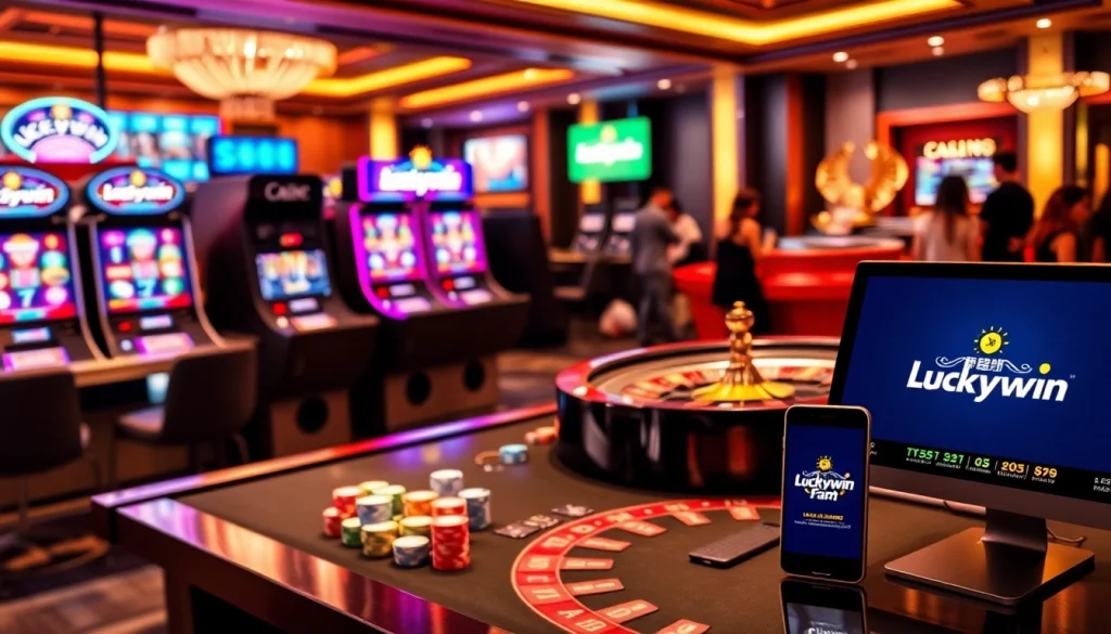 Experience the thrill of gaming at Luckywin with vibrant slot machines and a spinning roulette wheel.