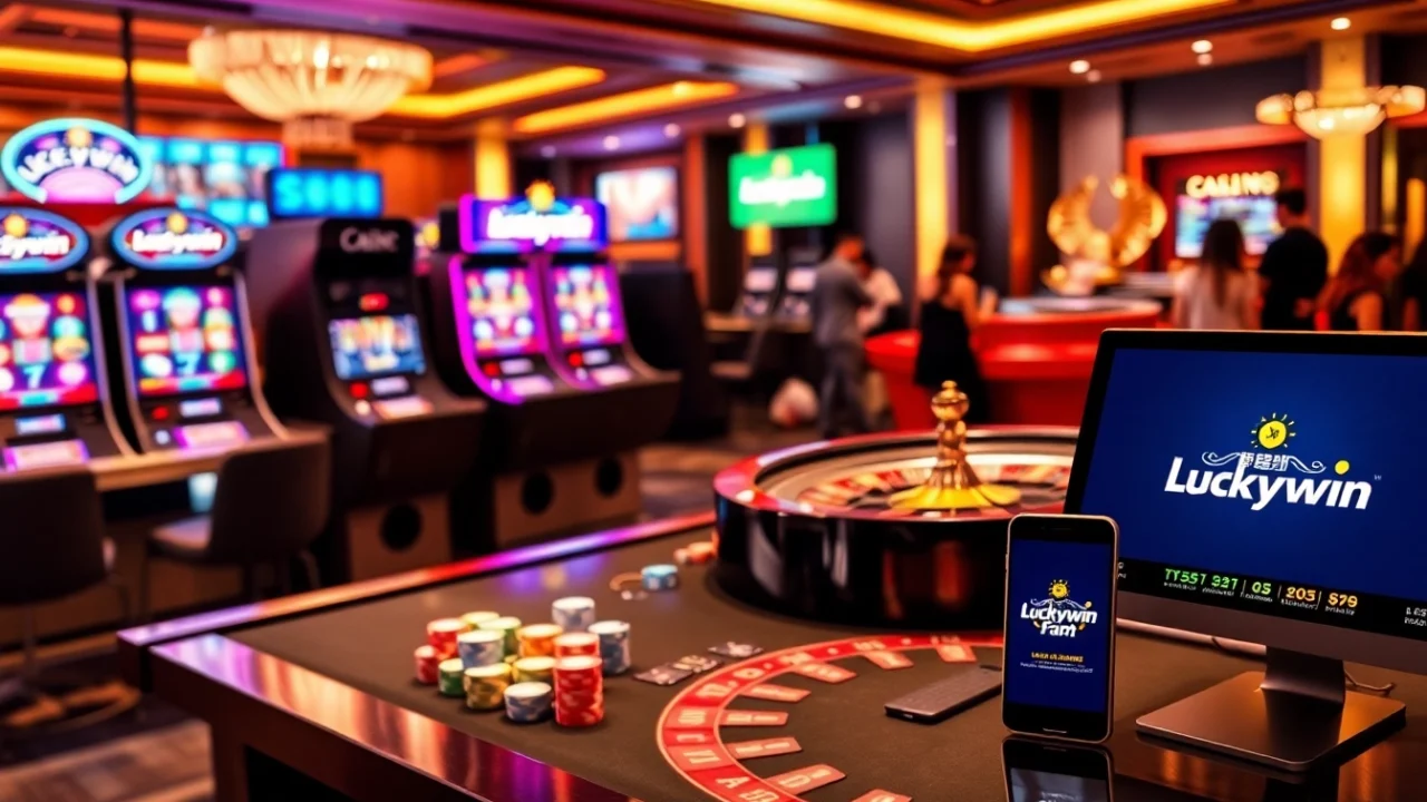 Experience the thrill of gaming at Luckywin with vibrant slot machines and a spinning roulette wheel.