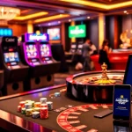 Experience the thrill of gaming at Luckywin with vibrant slot machines and a spinning roulette wheel.