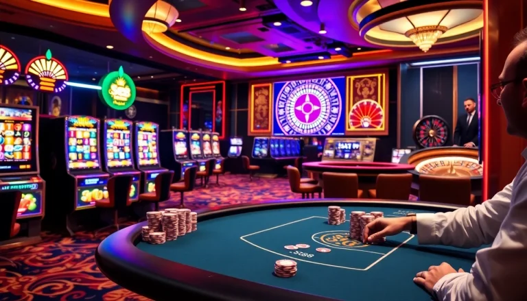 Sc88 themed casino atmosphere featuring vibrant slot machines and an engaging poker table.