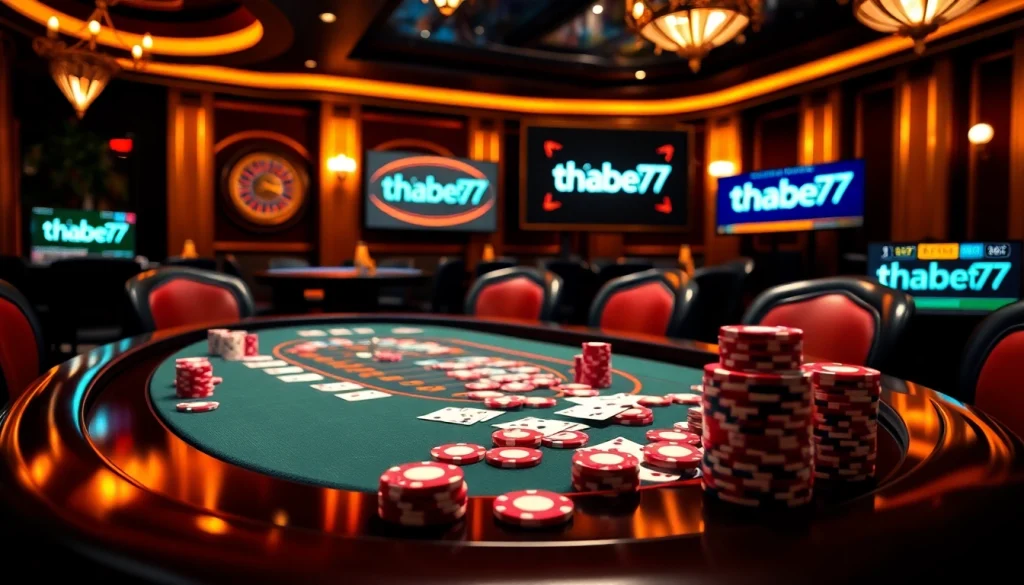 Exciting poker action at thabet77 casino with chips and cards on a luxurious table