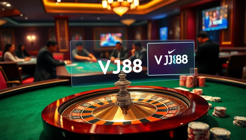 Experience the thrill of winning at VJ88 with a vibrant casino atmosphere featuring roulette and poker.
