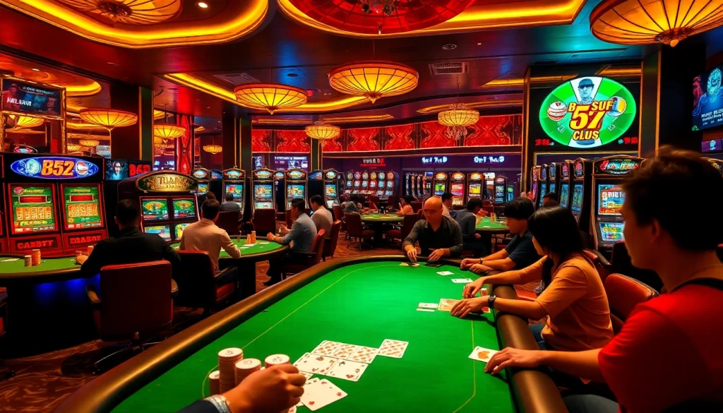 B52 club gaming scene with poker tables and engaging players enjoying casino excitement.