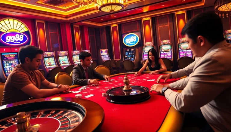 Exciting gg88 casino scene featuring intense poker gameplay and vibrant slot machines.