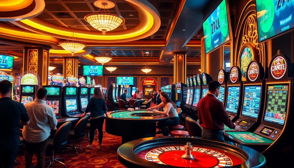 22jl casino scene featuring lively slot machines and poker tables with excited players.