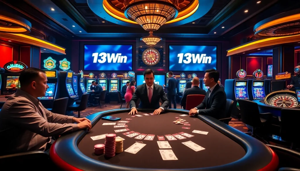 Exciting poker action at 13Win casino with vibrant chips and betting slips.