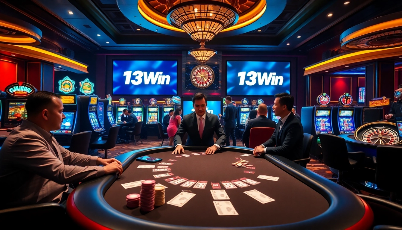 Exciting poker action at 13Win casino with vibrant chips and betting slips.