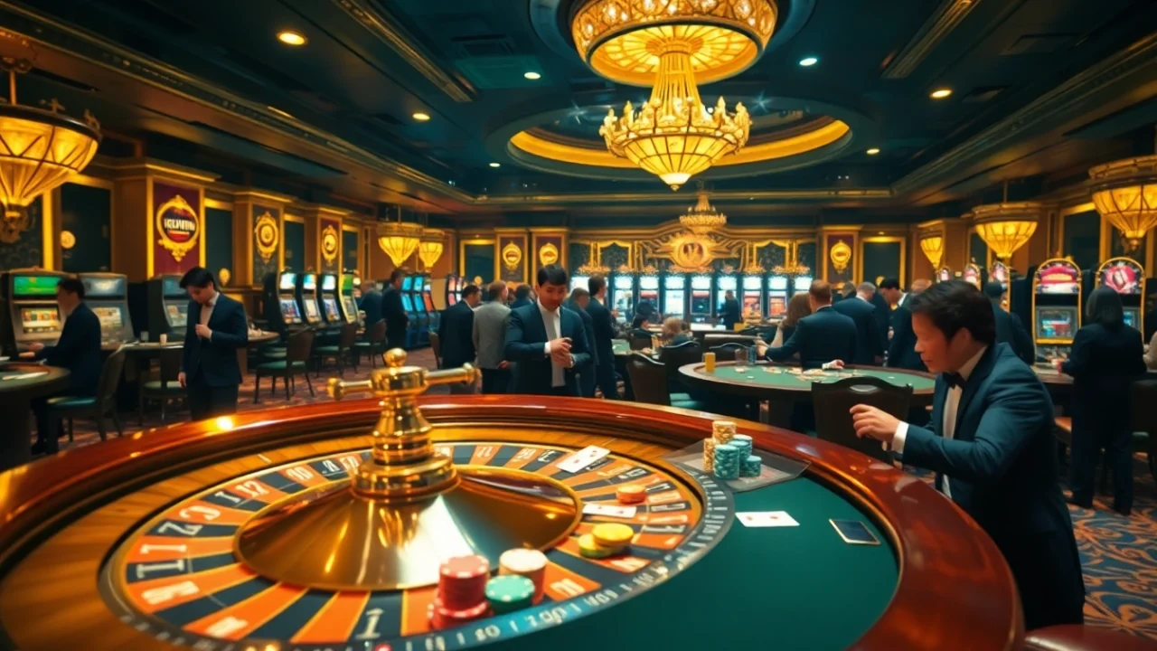 Kuwin casino scene with elegant players at a roulette wheel and blackjack table.