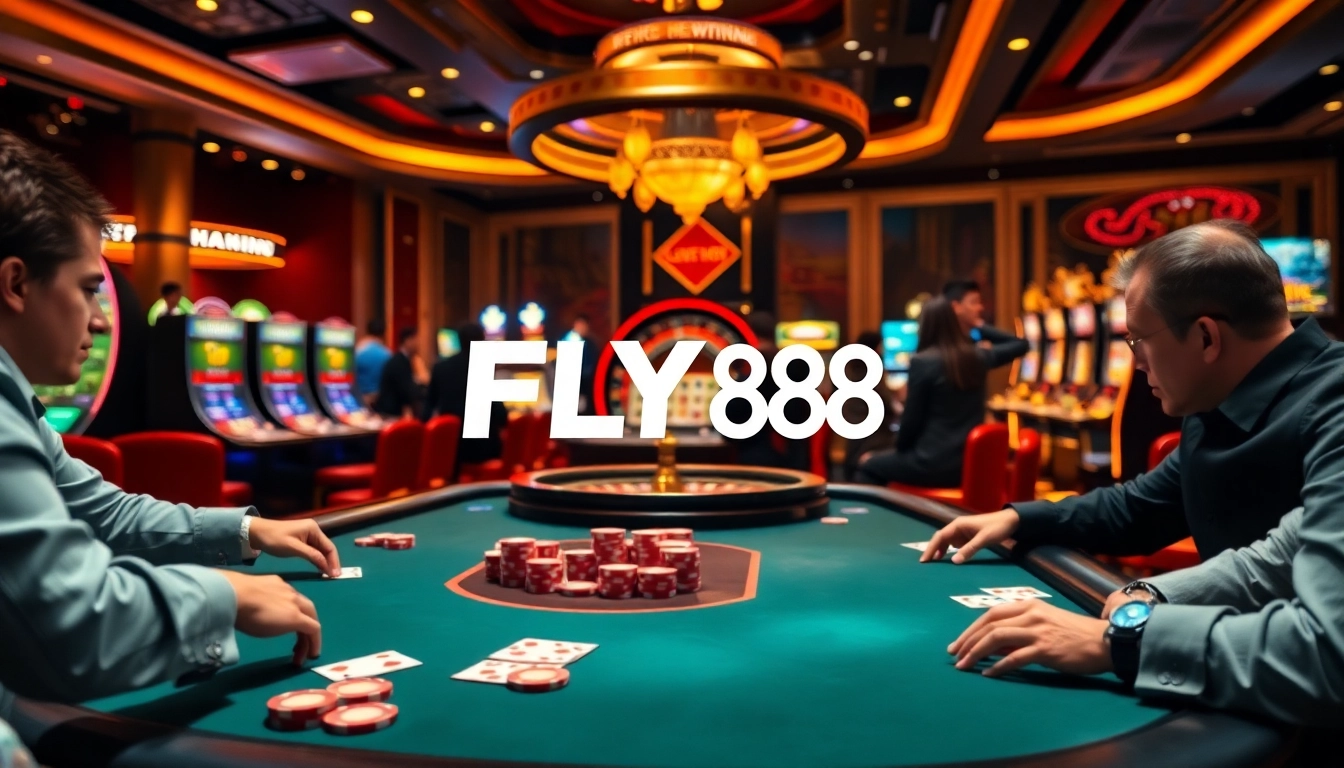 Experience the thrill of gambling with FLY 88 at an upscale casino poker table featuring vibrant chips.