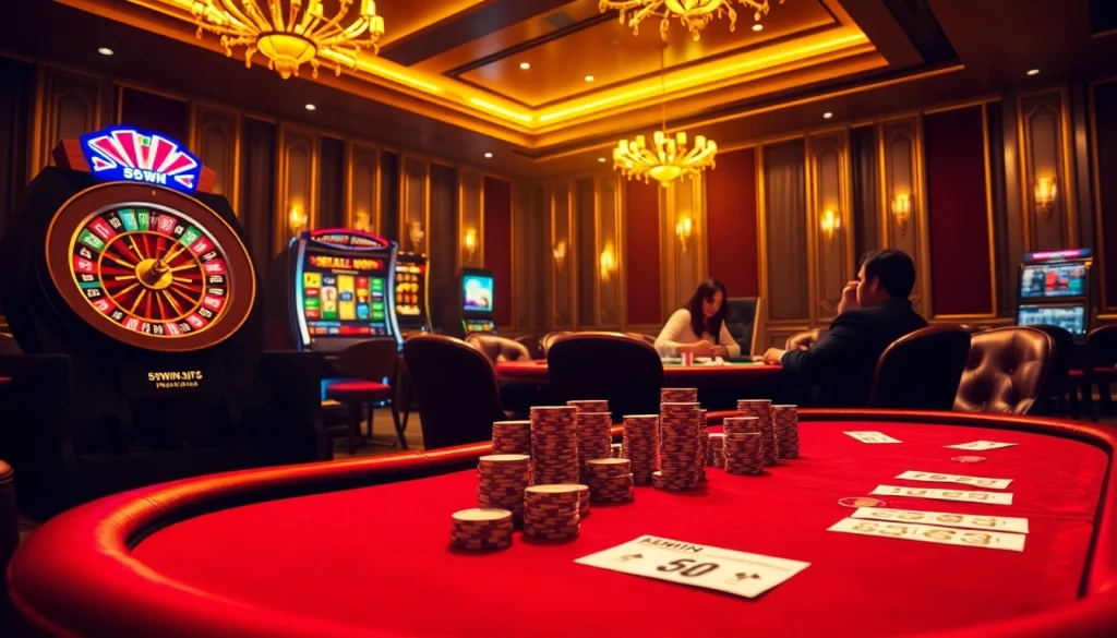 Win big at the 56WIN SALE with poker and roulette excitement in a stunning casino setting.