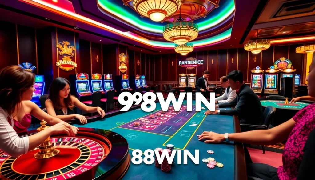 Players enjoying poker and blackjack at a luxurious casino featuring 98WIN branding.