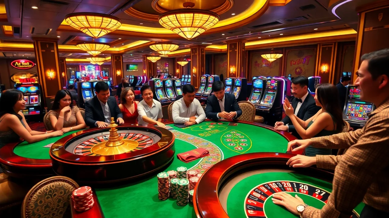 KUBET77 players enjoy a vibrant casino with roulette and lively gaming tables.