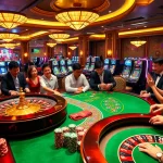 KUBET77 players enjoy a vibrant casino with roulette and lively gaming tables.