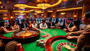 KUBET77 players enjoy a vibrant casino with roulette and lively gaming tables.