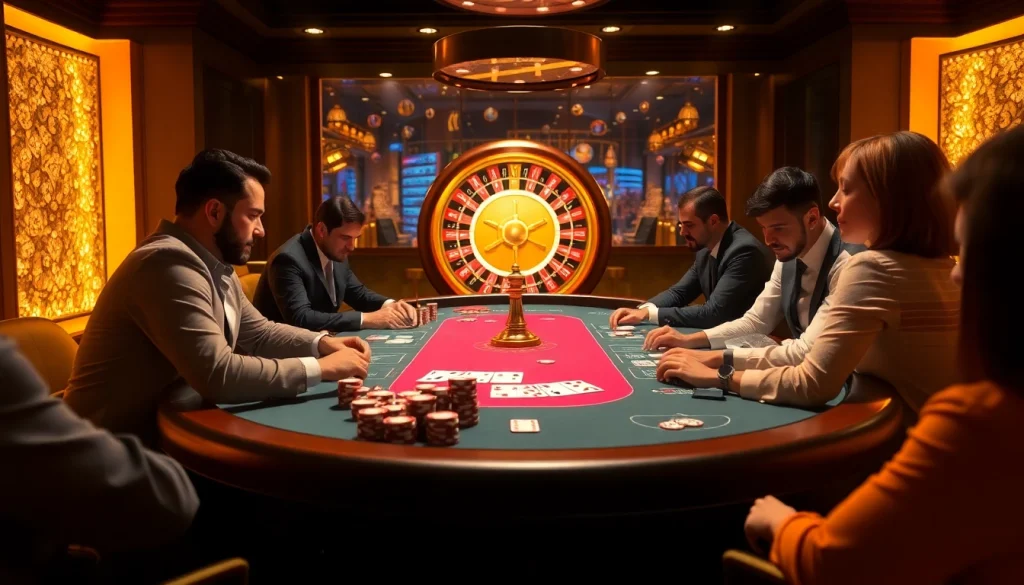 Gamblers enjoy an exciting poker game at a luxurious HITCLUB casino table with vibrant chips and cards.