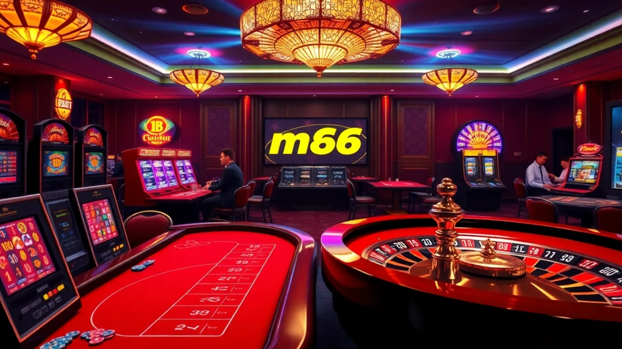 Players enjoy intense poker action at mb66 casino, surrounded by vibrant slot machines and luxurious atmosphere.