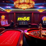 Players enjoy intense poker action at mb66 casino, surrounded by vibrant slot machines and luxurious atmosphere.