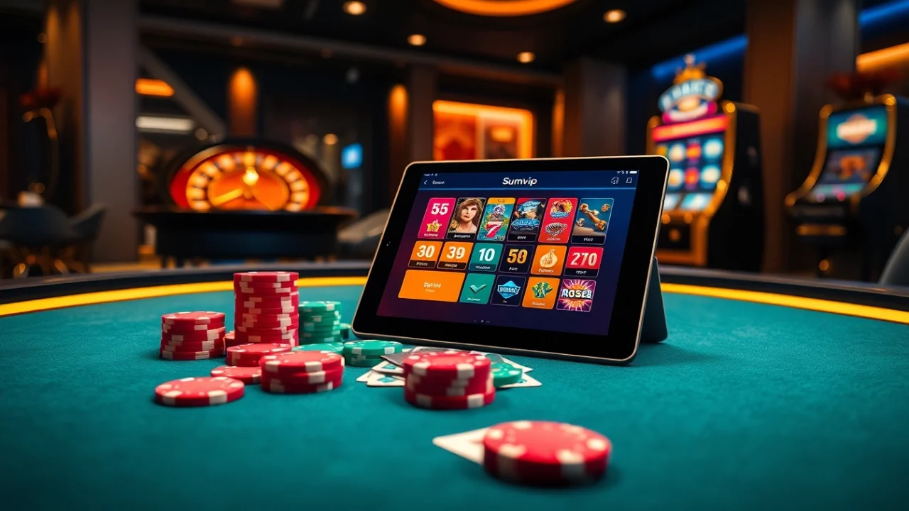 Experience thrilling gameplay at Sumvip with vibrant chips and cards in a modern casino setting.