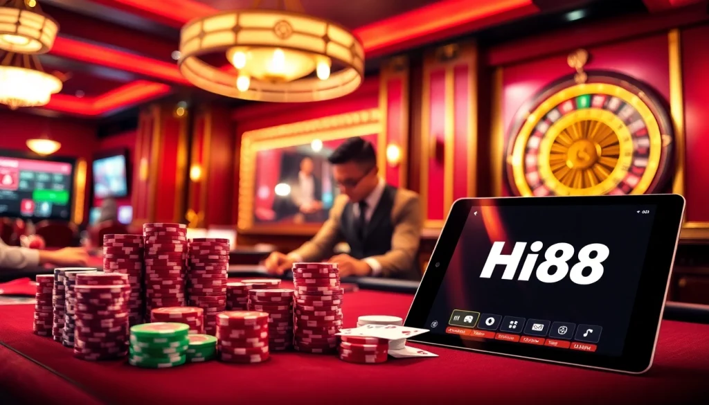 Experience thrilling gameplay at Hi88's premier casino tables with vibrant poker chips and cards.
