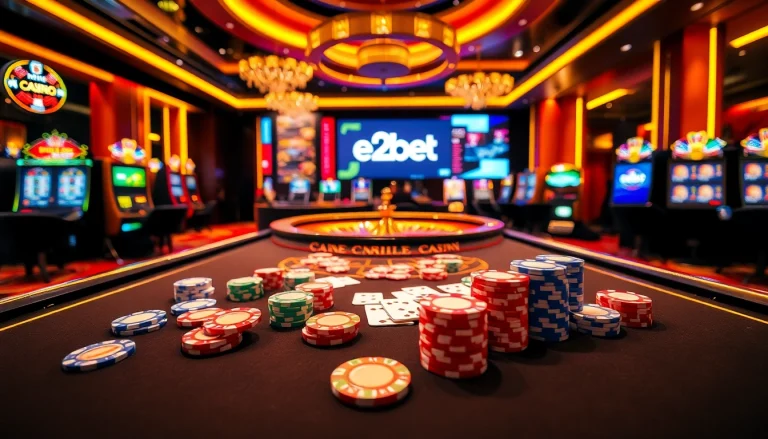 Experience the thrill of games at casino e2bet with vibrant poker chips on an elegant table.