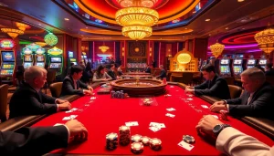 Players enjoying a vibrant poker game at the i9bet casino with colorful chips and cards.