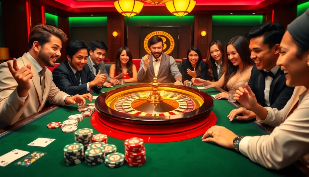 Excited players at Vuabai9's luxury casino table with poker chips and roulette wheel.