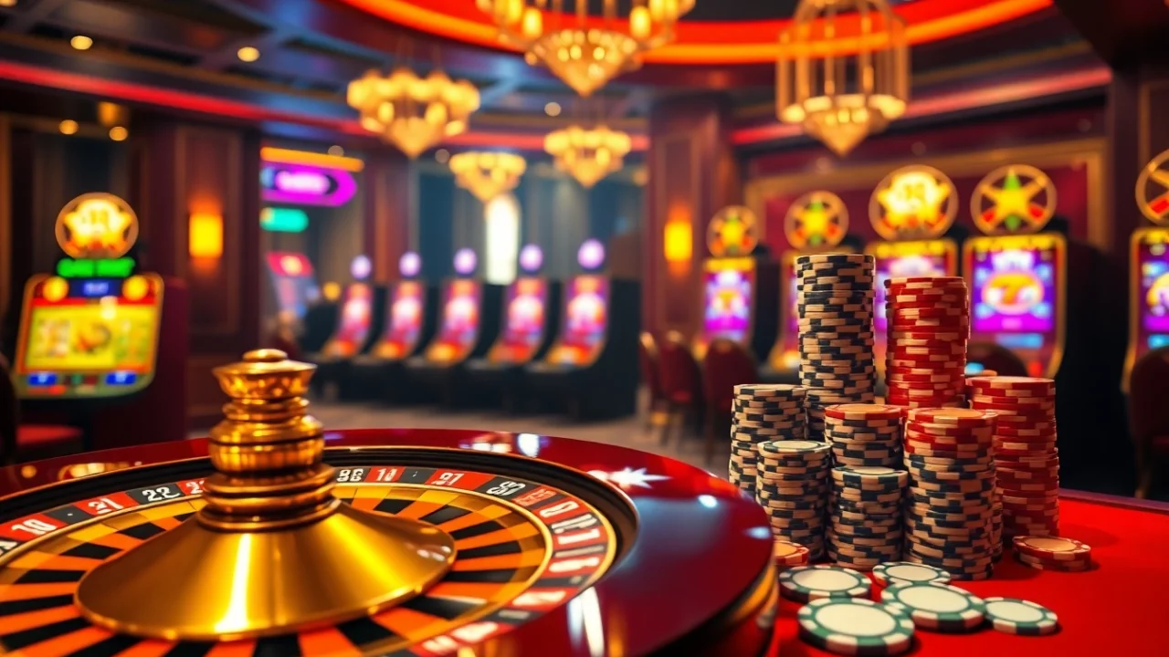 Gambling action on trang chủ go8 with roulette, poker chips, and slot machines highlighting luxury.