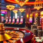 Gambling action on trang chủ go8 with roulette, poker chips, and slot machines highlighting luxury.