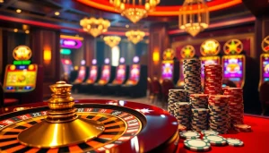 Gambling action on trang chủ go8 with roulette, poker chips, and slot machines highlighting luxury.