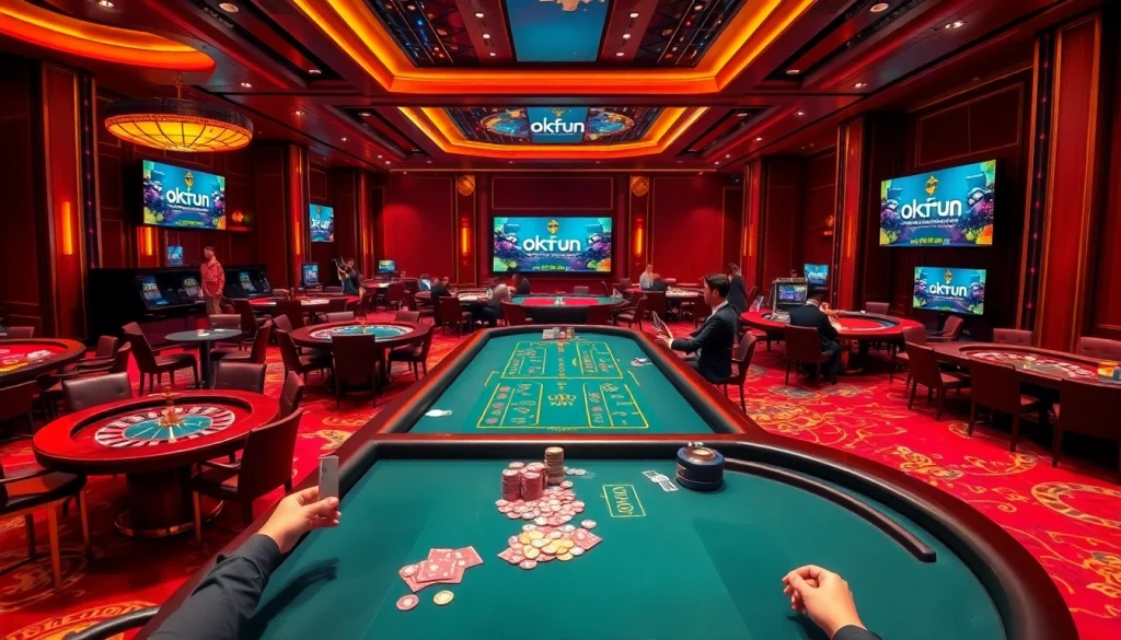 Experience the thrill of gambling at okfun's professional casino with poker tables and roulette wheels.