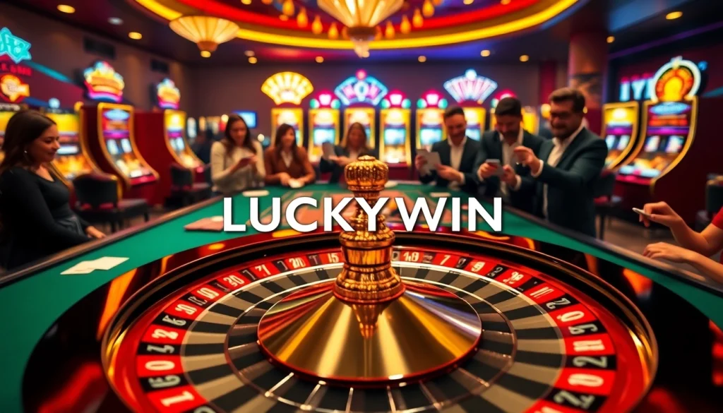 Experience the excitement of LUCKYWIN at a luxurious casino with vibrant slot machines and engaged players.