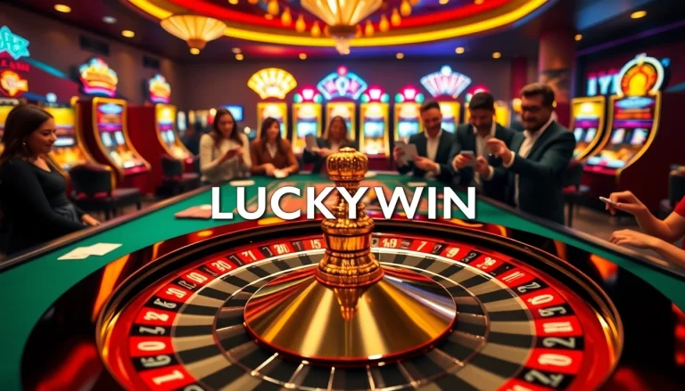 Experience the excitement of LUCKYWIN at a luxurious casino with vibrant slot machines and engaged players.