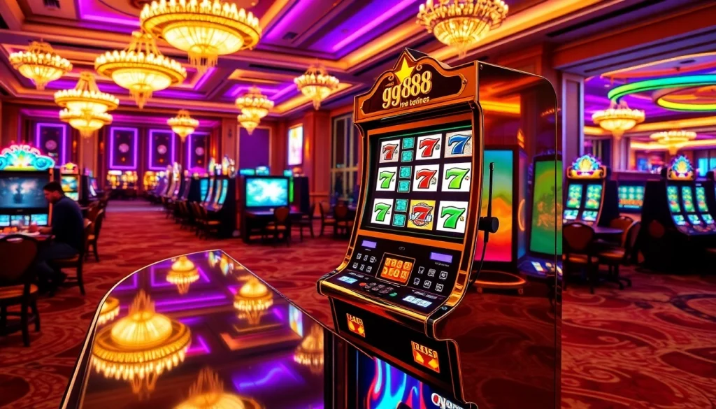 Player spins a gg88 slot machine in a vibrant casino setting, showcasing excitement and luxury.