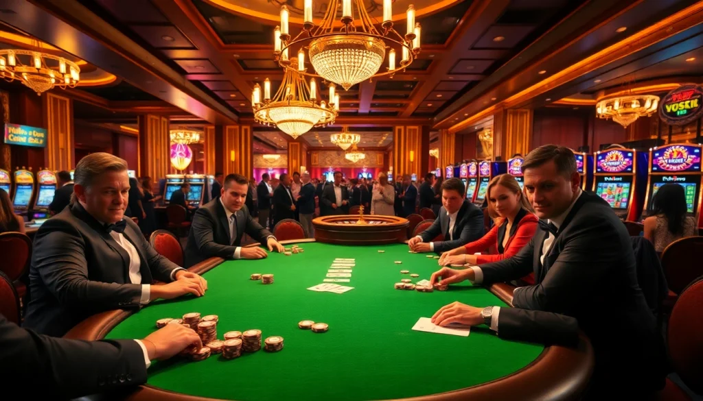 KJC casino scene with players focusing on a high-stakes poker game, enhancing the gambling excitement.