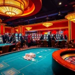 KJC branding enhances the excitement in a luxurious casino scene filled with vibrant slot machines and poker tables.