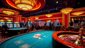 KJC branding enhances the excitement in a luxurious casino scene filled with vibrant slot machines and poker tables.