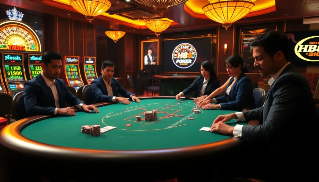 Players engaging in a high-stakes game at HB88’s luxurious casino table, surrounded by slot machines.