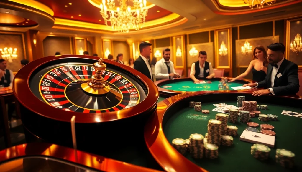 Experience the excitement of gambling at https://god55.fit/ with a vibrant casino scene showcasing roulette and poker.