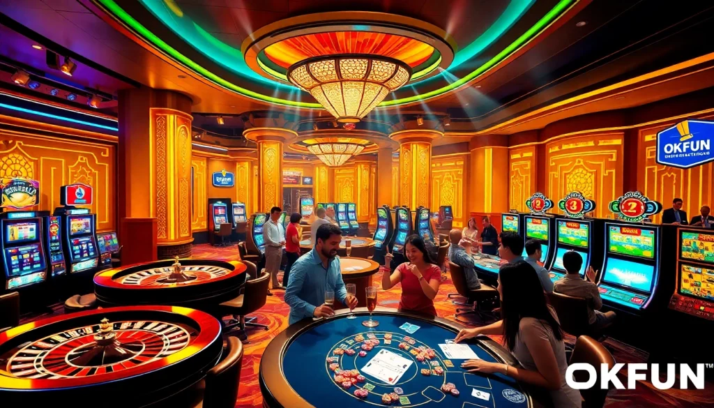 Engage in thrilling casino action with OKFUN, featuring roulette and slot machines in a vibrant setting.