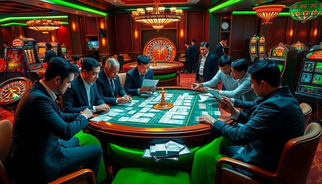 Kèo Bóng Đá betting excitement at a professional casino, featuring players at a betting table.