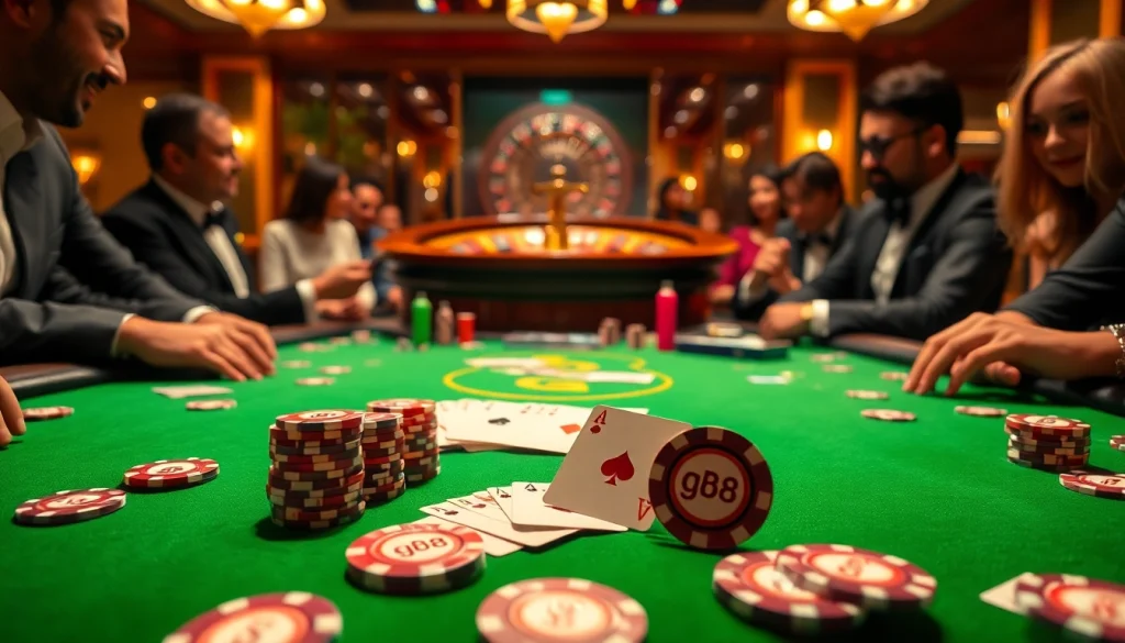 Experience the excitement of g88 gaming at a luxury casino poker table with vibrant chips and cards.
