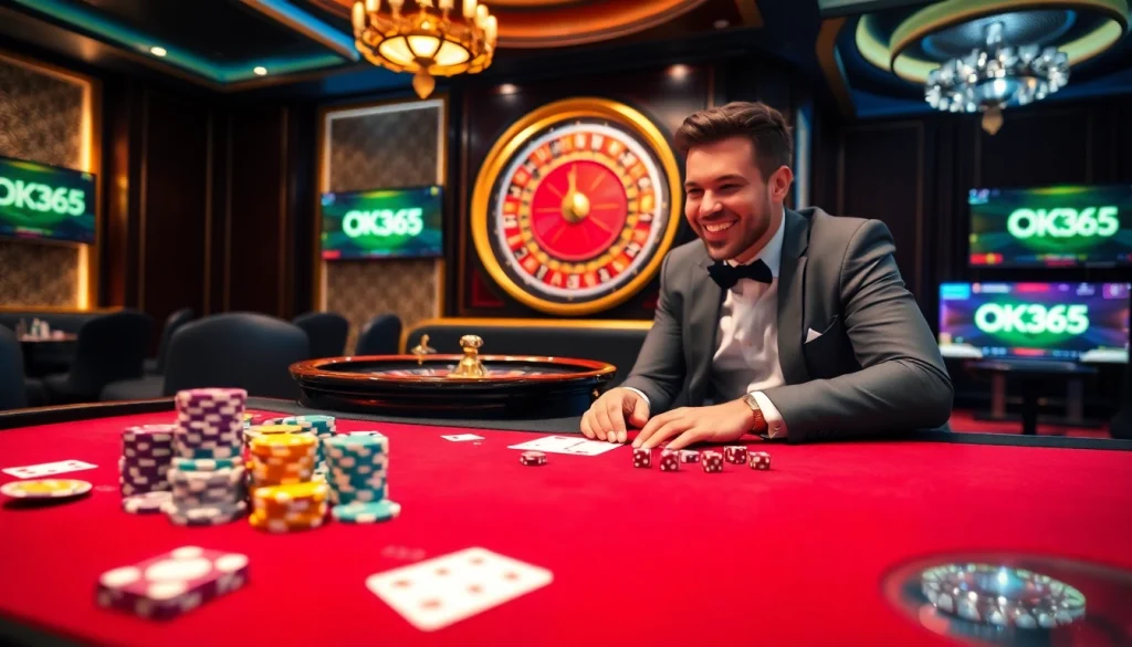 Experience the excitement of live gambling at OK365 with poker chips and a roulette table.