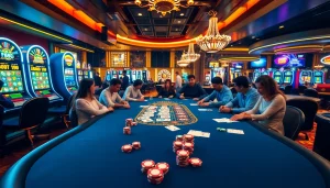 Players enjoying a thrilling poker game at FB88's vibrant casino tables.