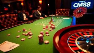 Exciting poker scene featuring CM88 chips on a luxury casino table, creating a competitive atmosphere.