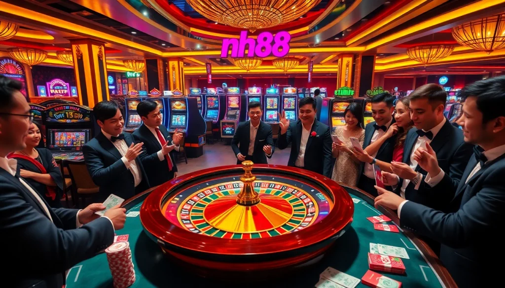 Engaging players at a lively casino with poker chips and roulette, highlighting nh88.