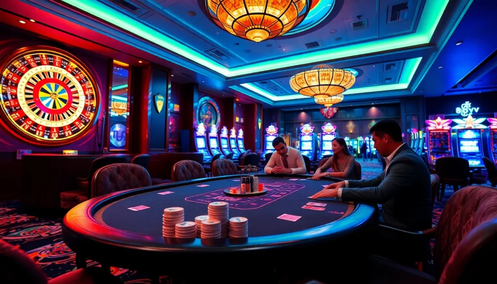 Experience the thrill of gambling with 88vv at a luxurious poker table in a vibrant casino.