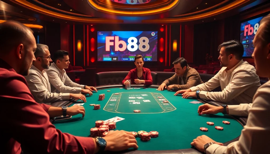 Players enjoy an intense poker game at a Fb88 casino table, showcasing vibrant poker chips and cards.