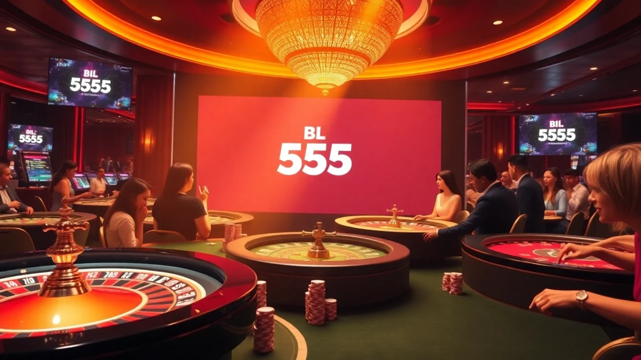 Players celebrating at the vibrant BL 555 casino with roulette and poker tables.